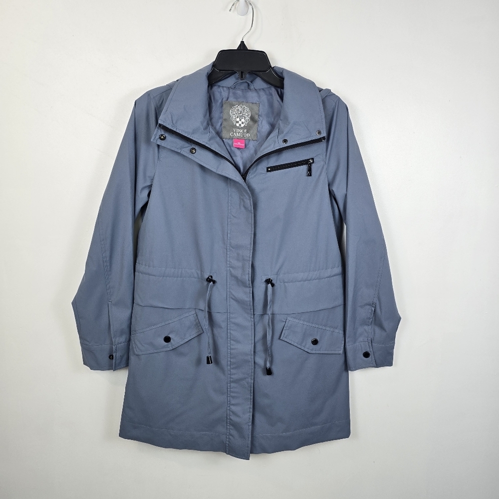 Vince Camuto Blue Hooded Rain Jacket Drawstring Waist Water Resistant XS - Picture 15 of 16
